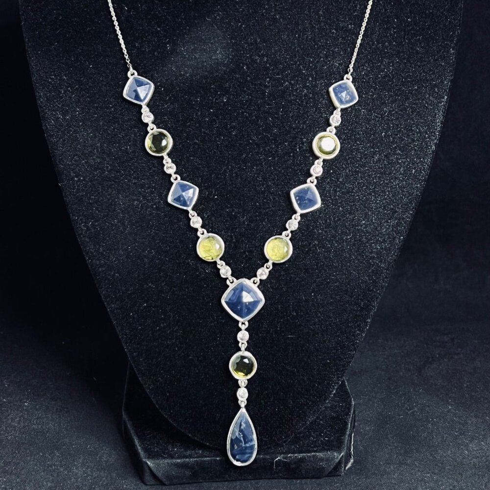 Silver Tone Lariat Neccklace With Blue Green And Yellow Faceted Crystals (5376)
